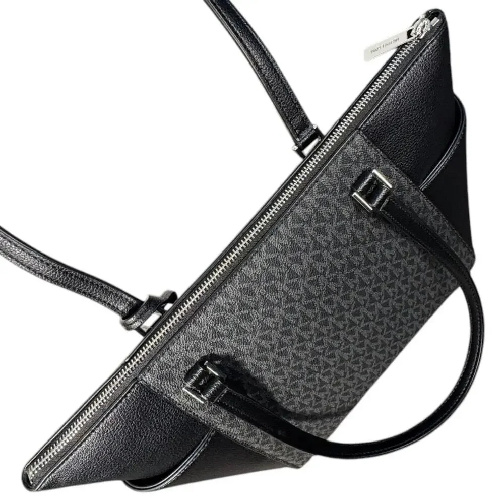 Michael Kors Charlotte Signature Logo Tote Bag Large Black Leather Zip‎ Top NWT